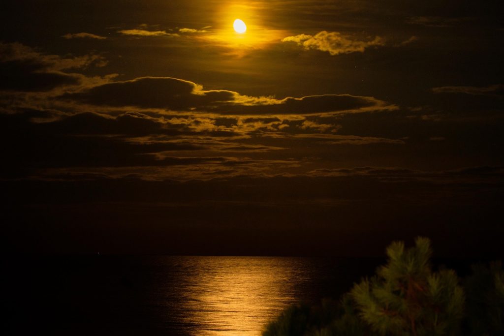 ocean, sea, night sky, moon, night, sky, clouds, fantasy, reflect, travel, nature, landscape
